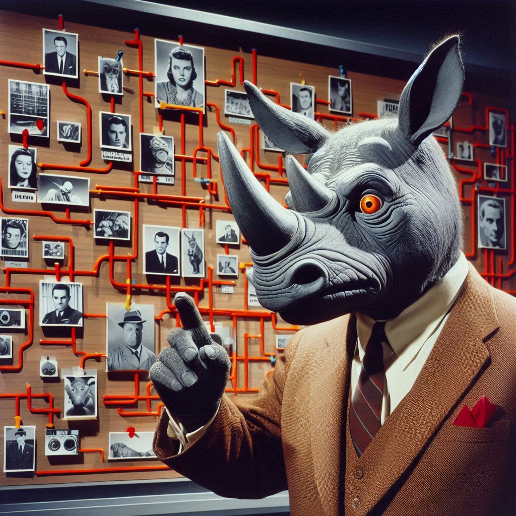 1960's detective show of a anthropomorphic rhinoceros wearing business suit looking at detective board with images of assorted circuits with red strings to make connections between images.jpg