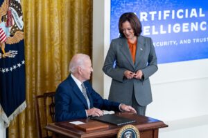 President Joe Biden signs an Executive Order establishing standards for Artificial Intelligence AI safety and security Monday October 30 2023 in the East Room of the White House.jpg